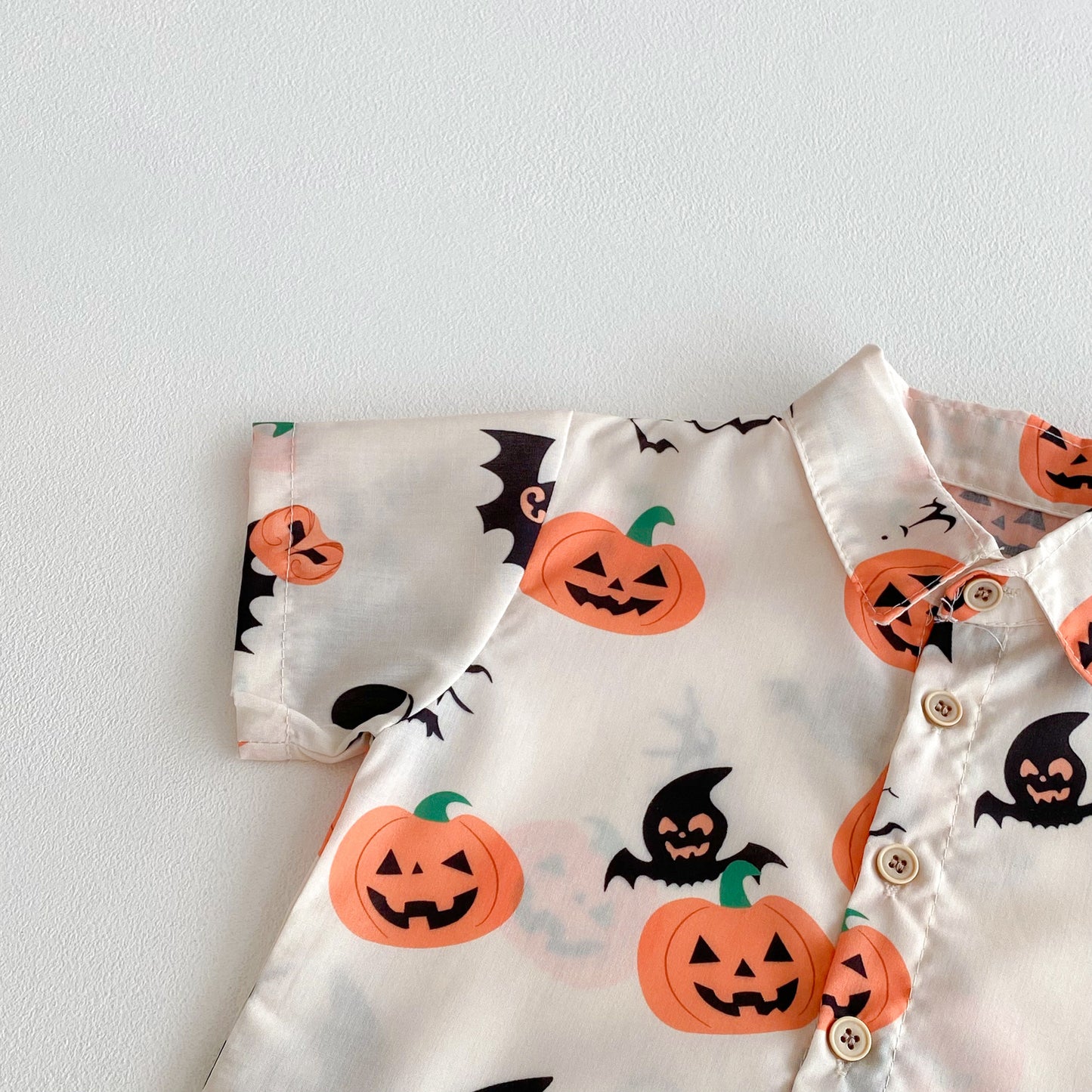 G25091112夏日款嬰兒薄款萬聖節男童帥氣Polo南瓜短袖上衣+短褲兩件套裝