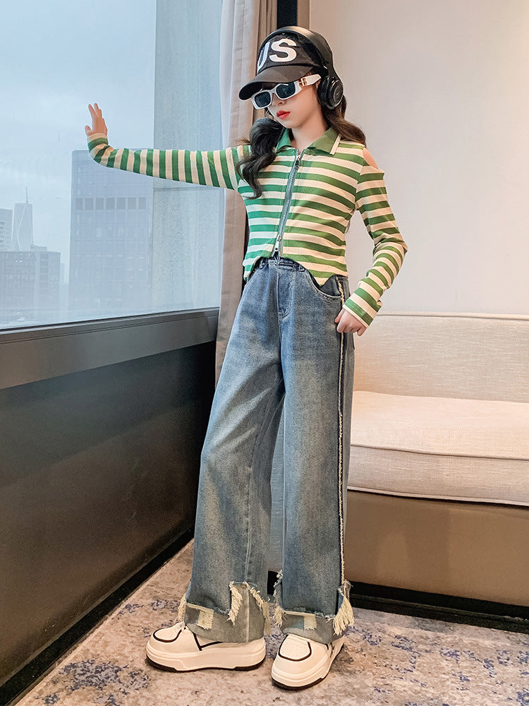 F23090716女童春秋裝2023中大童洋氣時髦條紋長袖街舞網紅套裝女孩兩件套