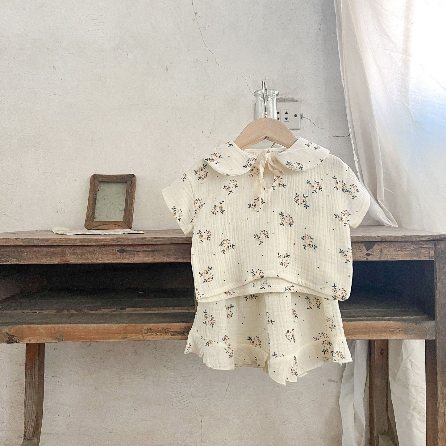 GF25061715韓國版女童夏款純棉碎花吊帶哈衣爬服ins短袖上衣+高腰荷葉邊短褲