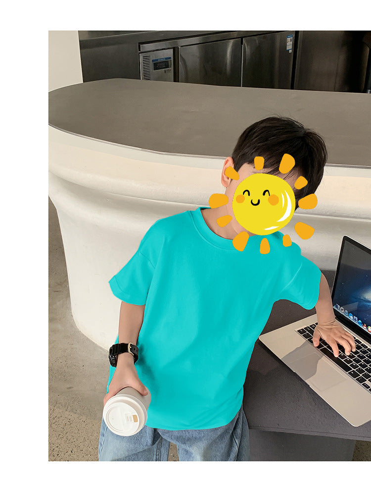 Z25030409含棉純色童裝男女短袖t恤衫夏季幼稚園班服兒童寶寶半袖上衣批發