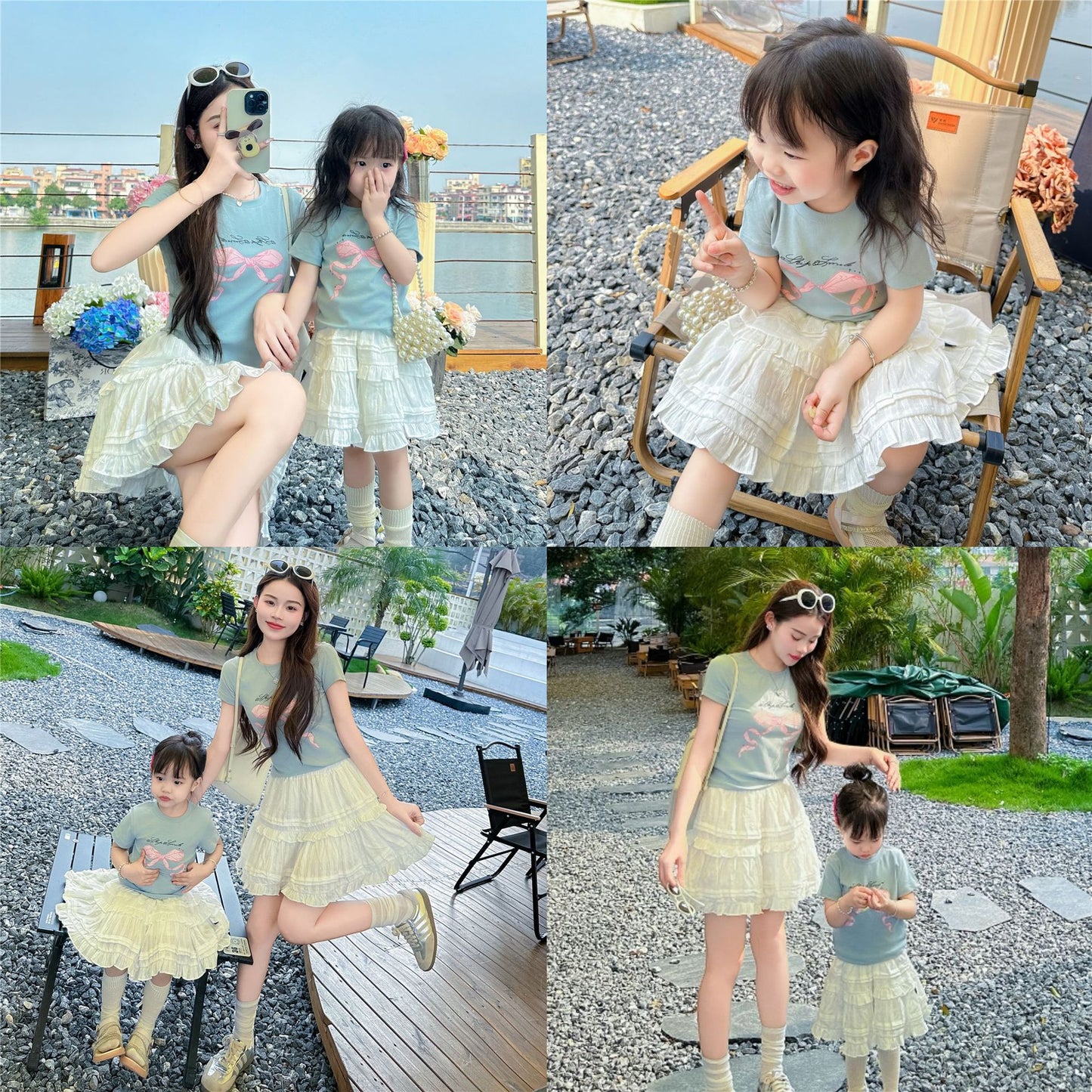 L25041707親子裝2025夏季潮短袖套裝蕾絲短裙幼兒園親子活動家庭裝潮母女裝