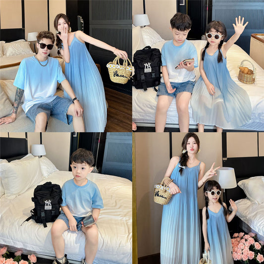 L25041705海邊度假風漸層母女吊帶洋裝女夏季新款小清新一家三口短袖T恤
