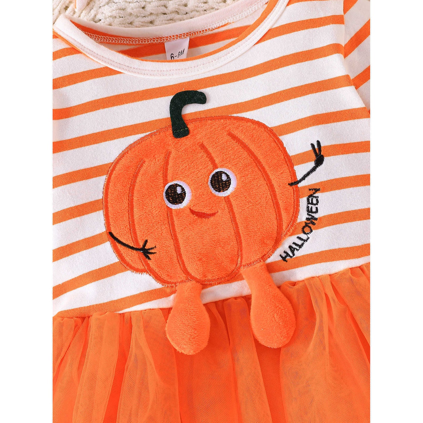 Z25091119跨國電商女嬰萬聖節款卡通南瓜印花橘白條紋長袖網紗