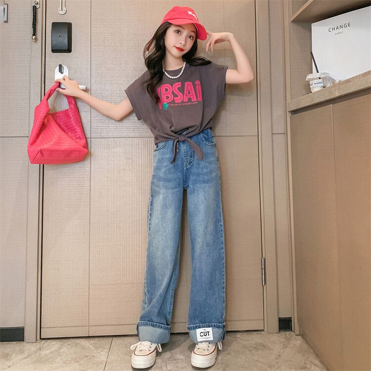 F24031010女童夏裝套裝2024新款洋氣兒童女大童寬鬆夏季短袖T恤兩件套童裝