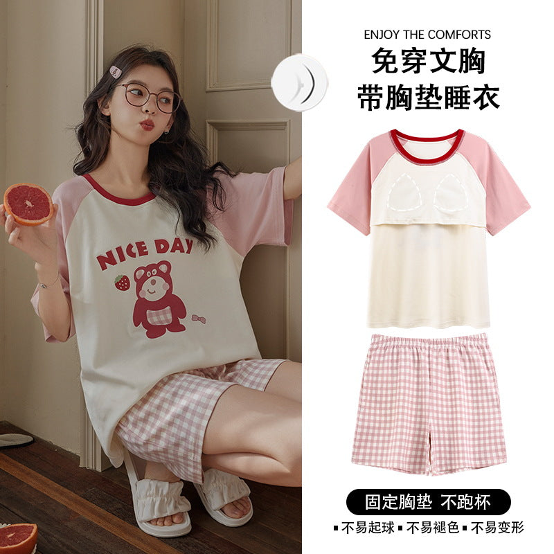Z25040107自備胸墊睡衣女夏季純棉短袖簡約條紋可外穿學生家居服套裝