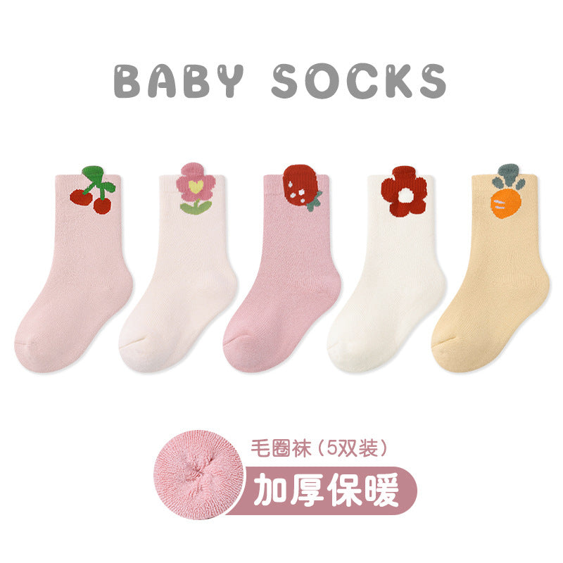 Z23101807嬰兒襪批發2023秋冬加厚卡通動物毛圈襪精梳棉A類保暖男寶寶襪(5雙起批)9~12天到貨