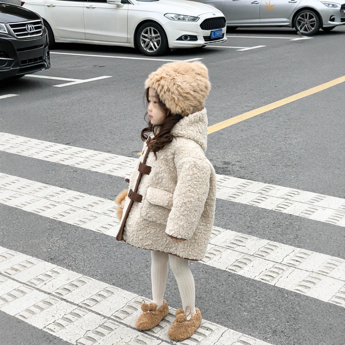 CG25103016童裝冬裝軟糯親膚男女加厚雙面羊絨皮扣連帽中長款保暖大衣裙子