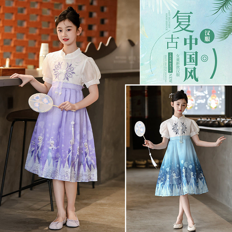 F24050714漢服女童夏裝2024新款大童短袖連身裙兒童風新款夏季唐裝