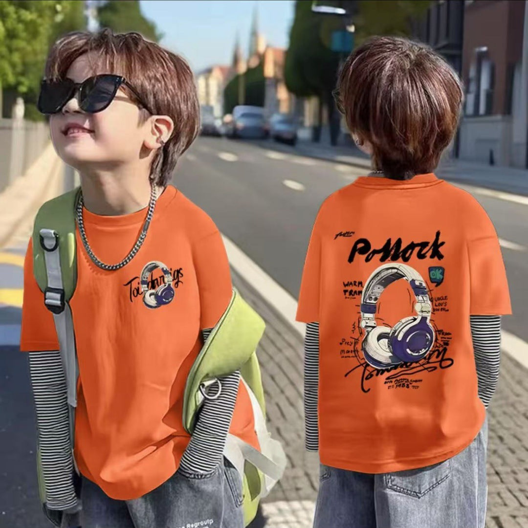 CE25091905男童春秋韓版裁切假兩件長袖T恤男孩休閒極簡風韓系純棉打底上衣T