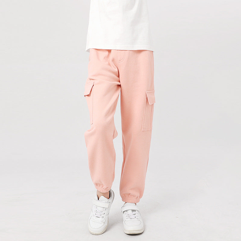 FI25101415秋季童褲韓版新款男童休閒褲中大純童運動色工裝褲女童褲子批發