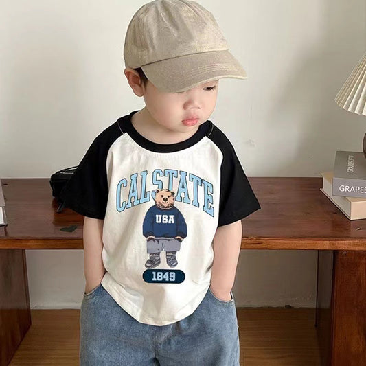 Z25030928純棉兒童短袖夏裝T恤小熊卡通印花夏新款男女童休閒套頭上衣T