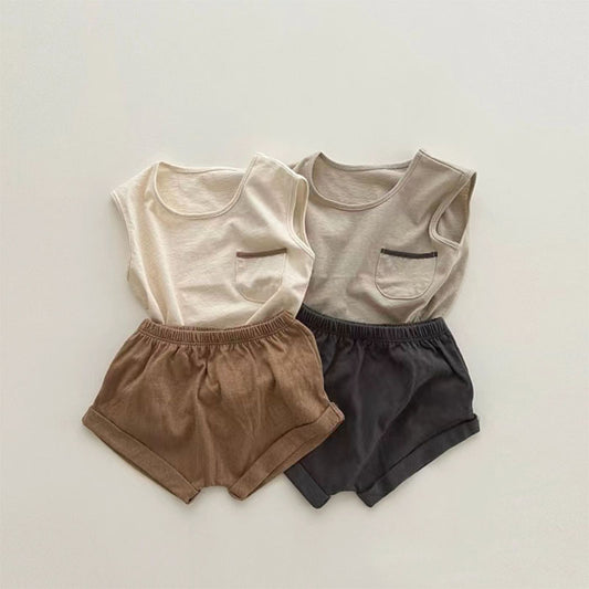 GB25032418韓版童裝ins夏款寶寶無袖簡約純色套裝嬰兒圓領休閒復古兩件套