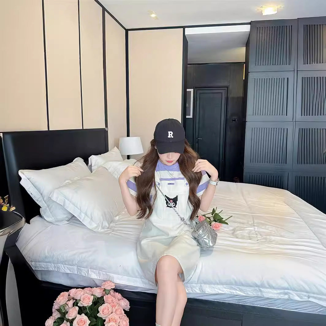 L25041709女童夏季洋裝2025新款韓版一家三口親子短袖拼接假兩件背帶裙潮