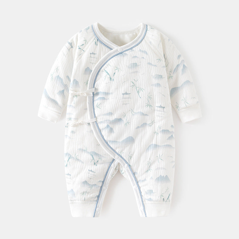 GJ25102110新生夾棉連身衣薄棉無骨哈衣秋季純棉初生40克蝴蝶寶寶爬衣