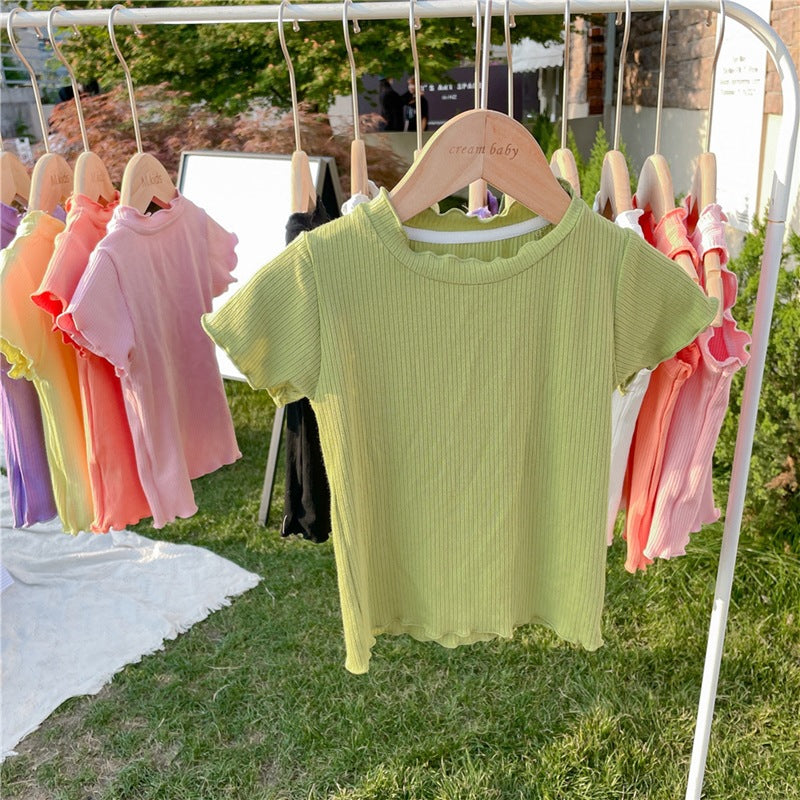 CA23072711新款韓範童裝女童夏季木耳捲邊短袖T恤女寶寶糖果色背心