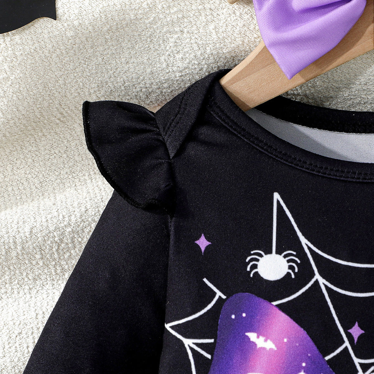 Z25091118邊境萬聖節女嬰嬰幼兒秋季長袖蝴蝶印花連身哈衣+半身裙網紗裙