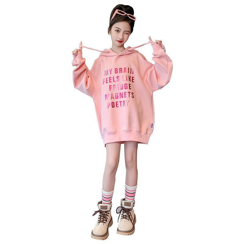 Z25010135女童加絨秋冬款中長款衛衣新款寬鬆中大童冬款加厚一體加絨上衣