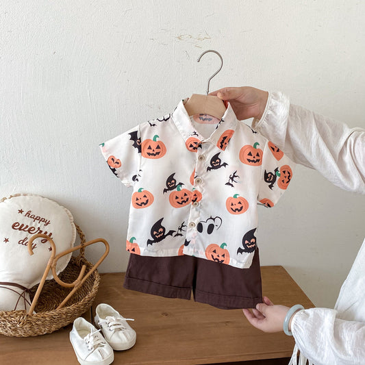 G25091112夏日款嬰兒薄款萬聖節男童帥氣Polo南瓜短袖上衣+短褲兩件套裝