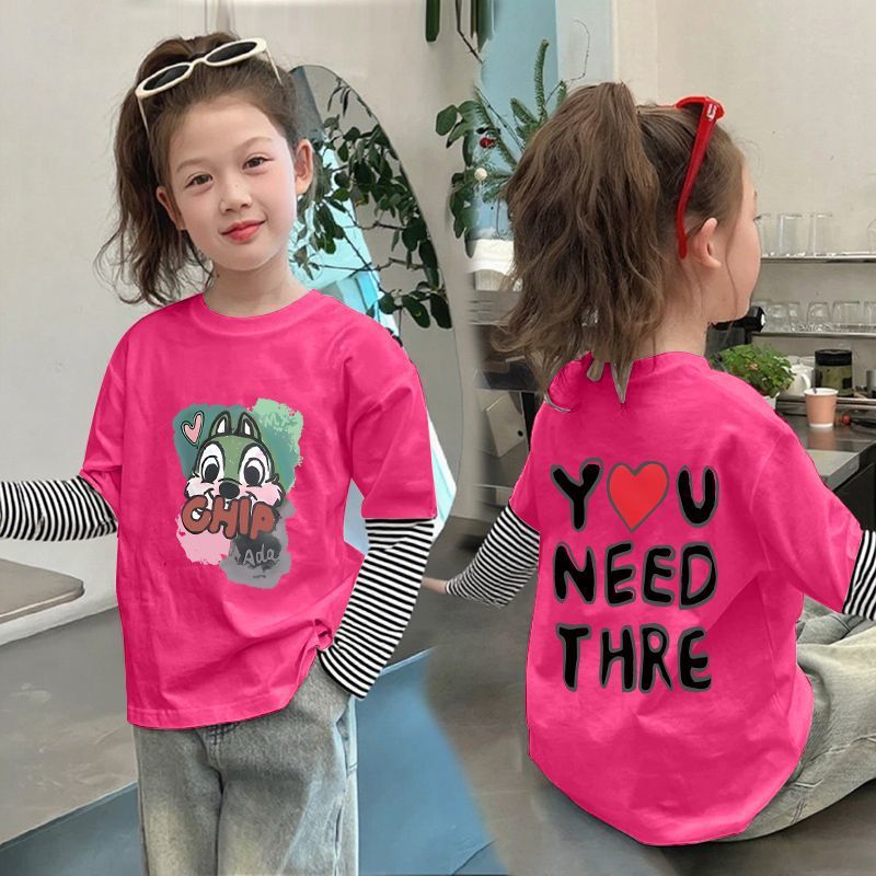 CE25091902女童純棉長袖T恤兒童假兩件條紋上衣春秋裝新款小孩洋氣打底衫