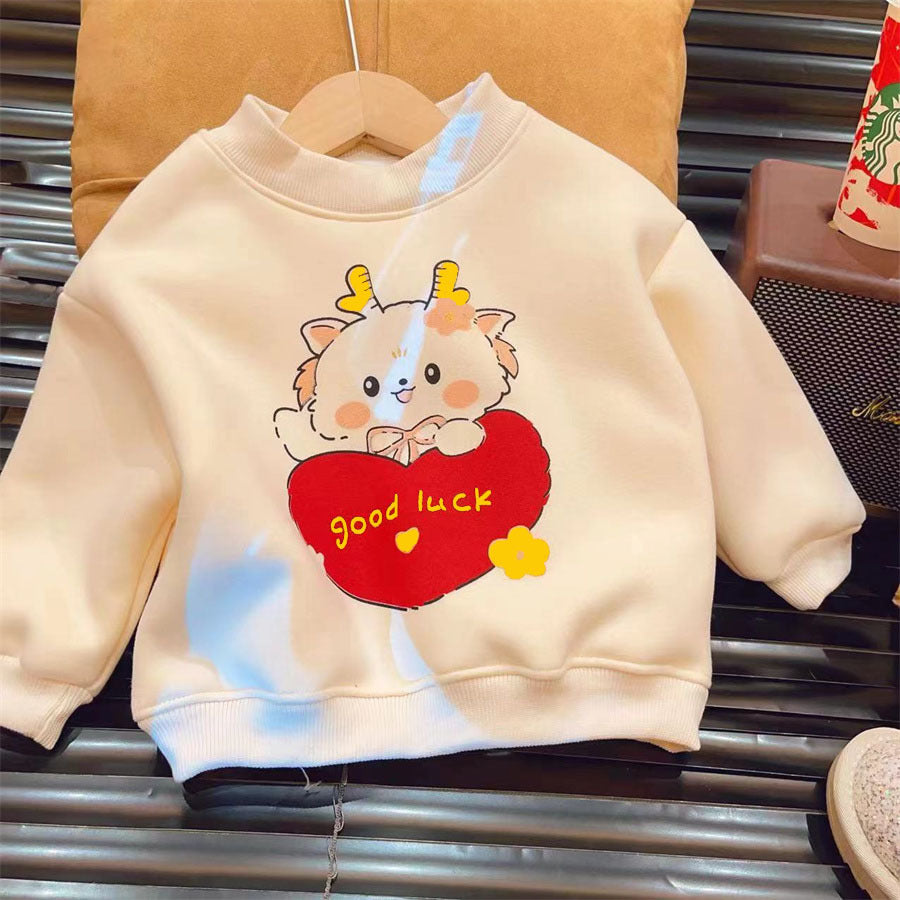 Z24110119拜年服男童加絨衛衣秋冬季兒童紅色加厚上衣女寶過年喜慶打底服龍