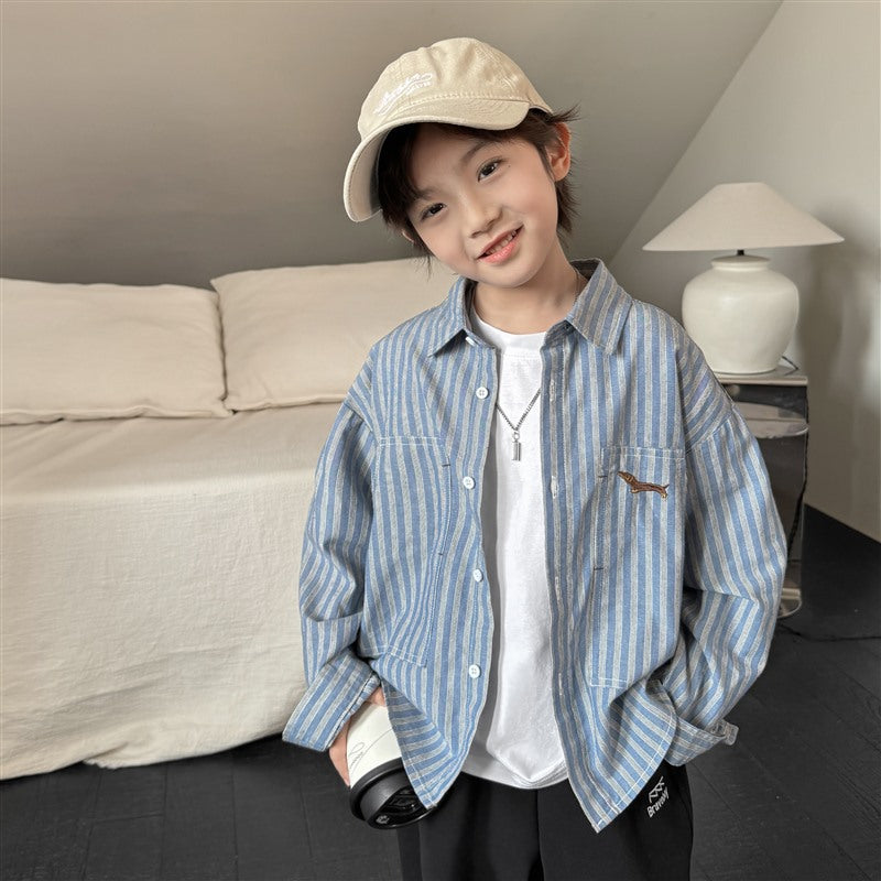 GJ25082704秋季新男童韓版秋裝長袖條紋襯衫童裝衣服兒童中大童