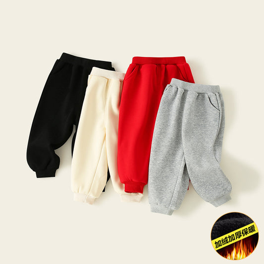 CA24011820秋冬童裝男童褲子加絨兒童純色棉百搭衛褲寶寶束腳純色休閒一體絨