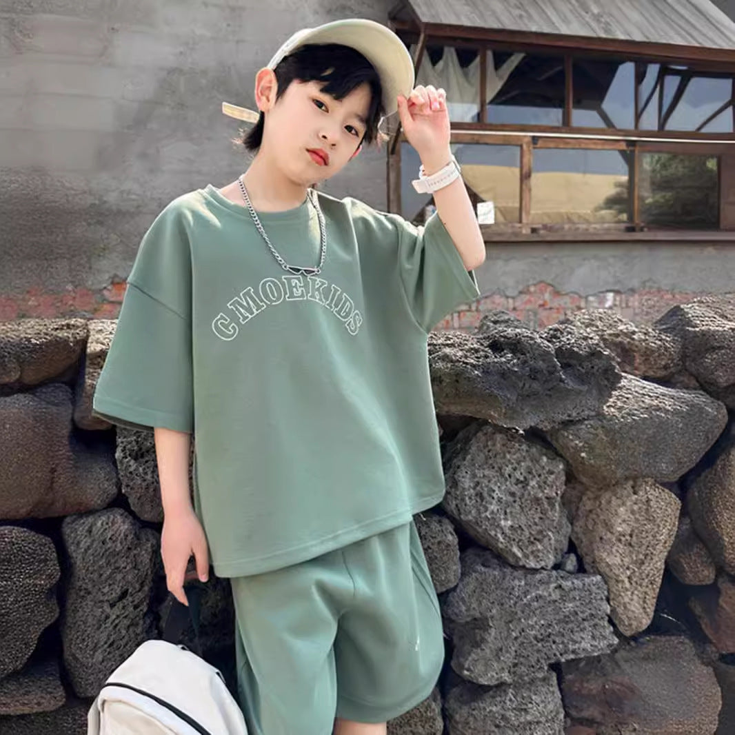 Z2503320男童夏裝運動套裝兒童短袖衣服中大童短褲寬鬆休閒兩件套