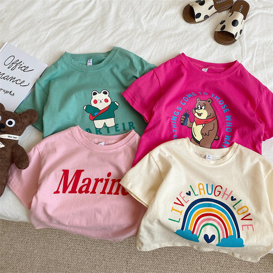 CA24042802韓國童裝兒童童裝兒童洋氣卡通短袖T恤上衣2023夏季時尚小女孩全棉T潮
