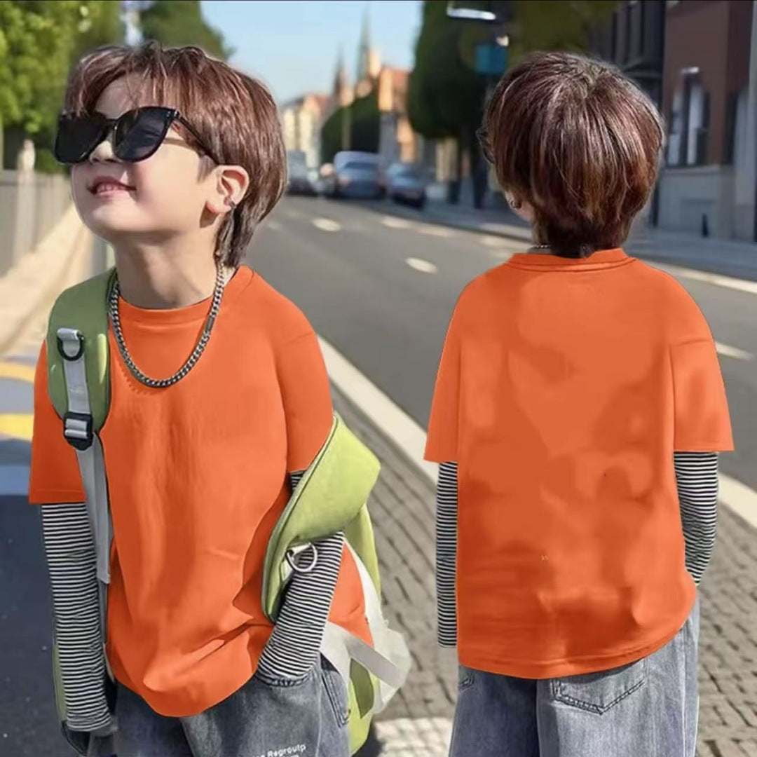 CE25091905男童春秋韓版裁切假兩件長袖T恤男孩休閒極簡風韓系純棉打底上衣T