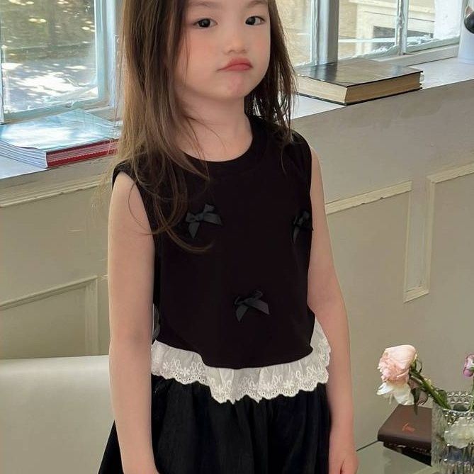 Z25030901女童蝴蝶結短小背心夏裝新款兒童甜美拼接蕾絲無袖T恤上衣潮