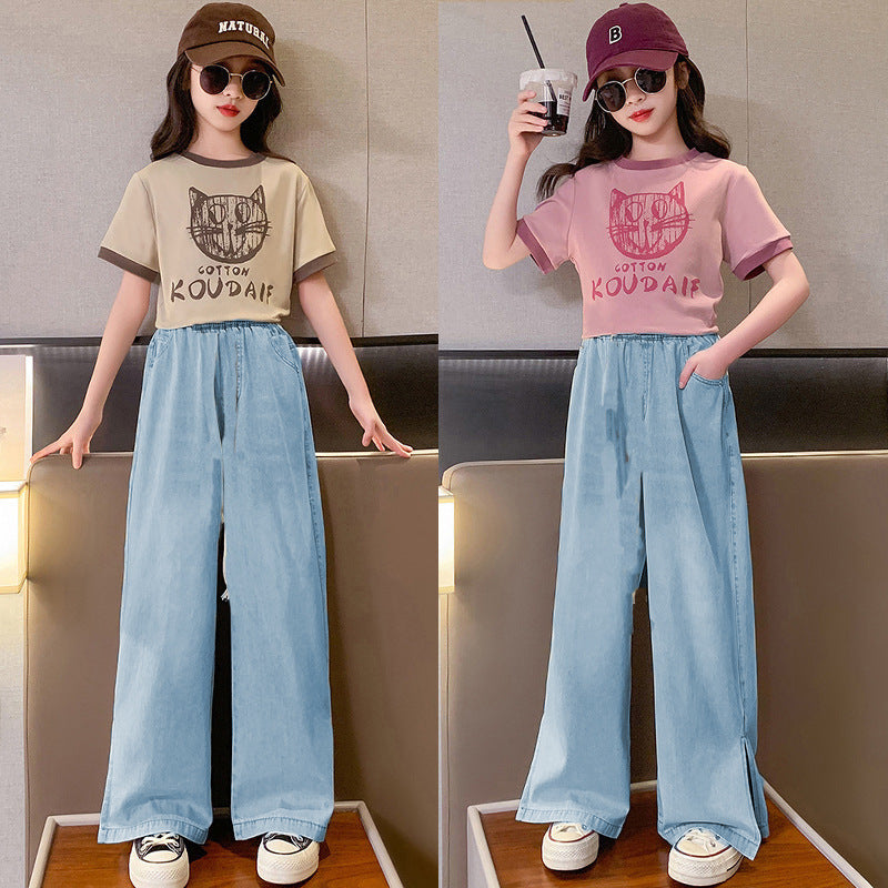 F24031014女童套裝夏款2024新款洋氣兒童休閒時尚中大童時髦牛仔長褲兩件套