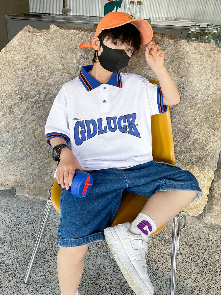 F23050215男童夏裝短袖套裝2023新款韓版休閒POLO衫-中大童