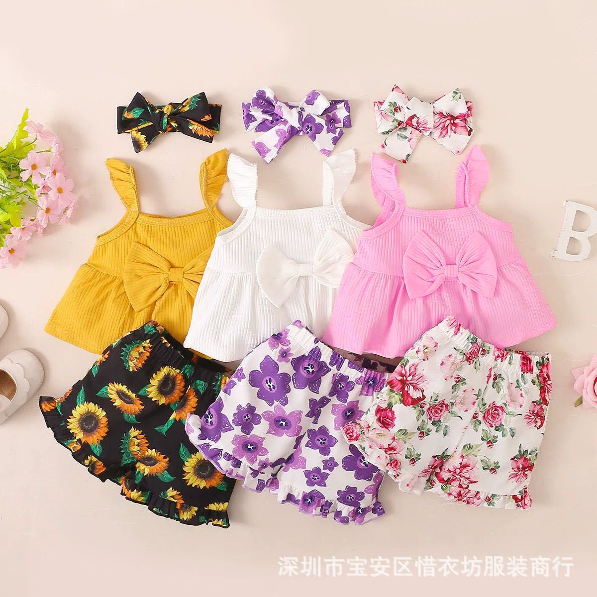 A25072306女童春夏款 新款韓版兒童無袖純色吊帶上衣+花朵印花短褲頭帶
