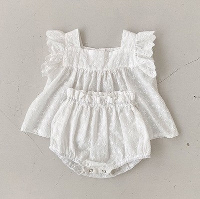 GF25061704韓國版女童嬰幼兒寶寶花邊背心麵包褲兩件套ins夏款新生兒飛袖套裝