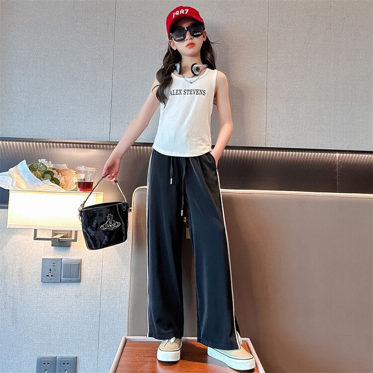 F24050712女童夏裝套裝2024時尚兒童時尚無袖背心寬鬆褲子女大童夏季兩件套