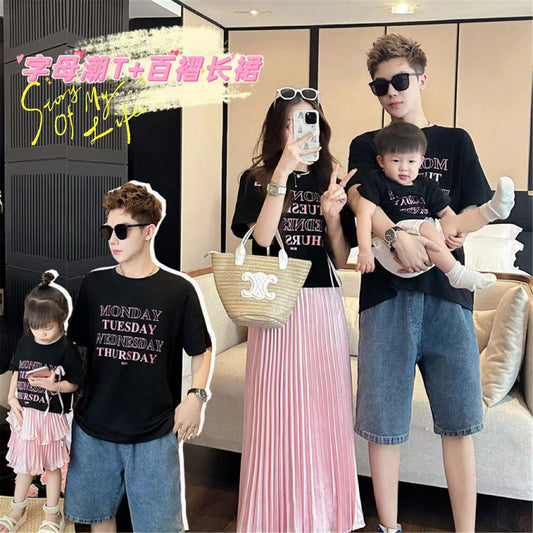 L25041711度假炸街親子裝夏季一家三四口手工蝴蝶結短袖T恤母女半身裙套裝