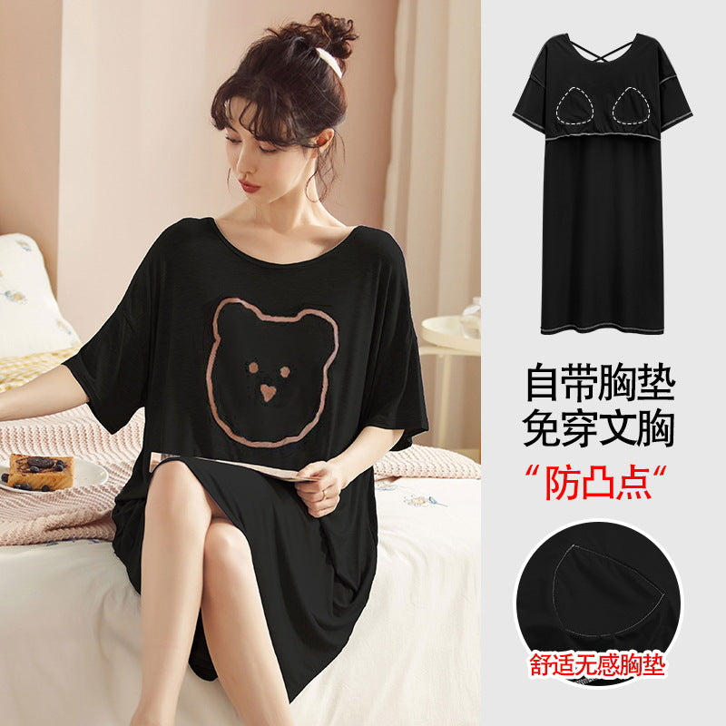 Z25040126自備胸墊一體式睡裙女款夏季短袖睡裙夏天莫代爾可外穿