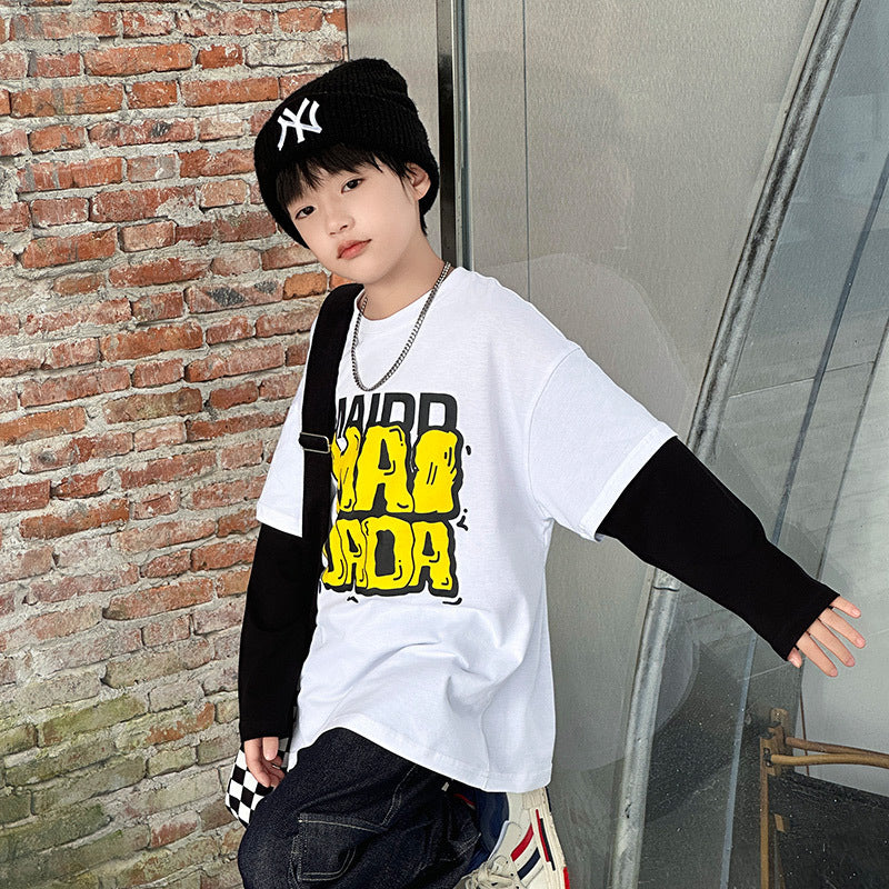 FF24102510新品創意袖假兩件兒童秋裝純棉上衣童裝男童長袖t恤(9-12天到貨)