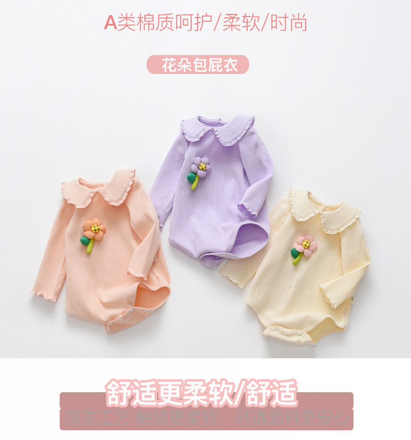 GC23101215嬰兒包屁衣秋款新品長袖女寶寶連身衣純棉花朵爬服超萌新生兒衣服