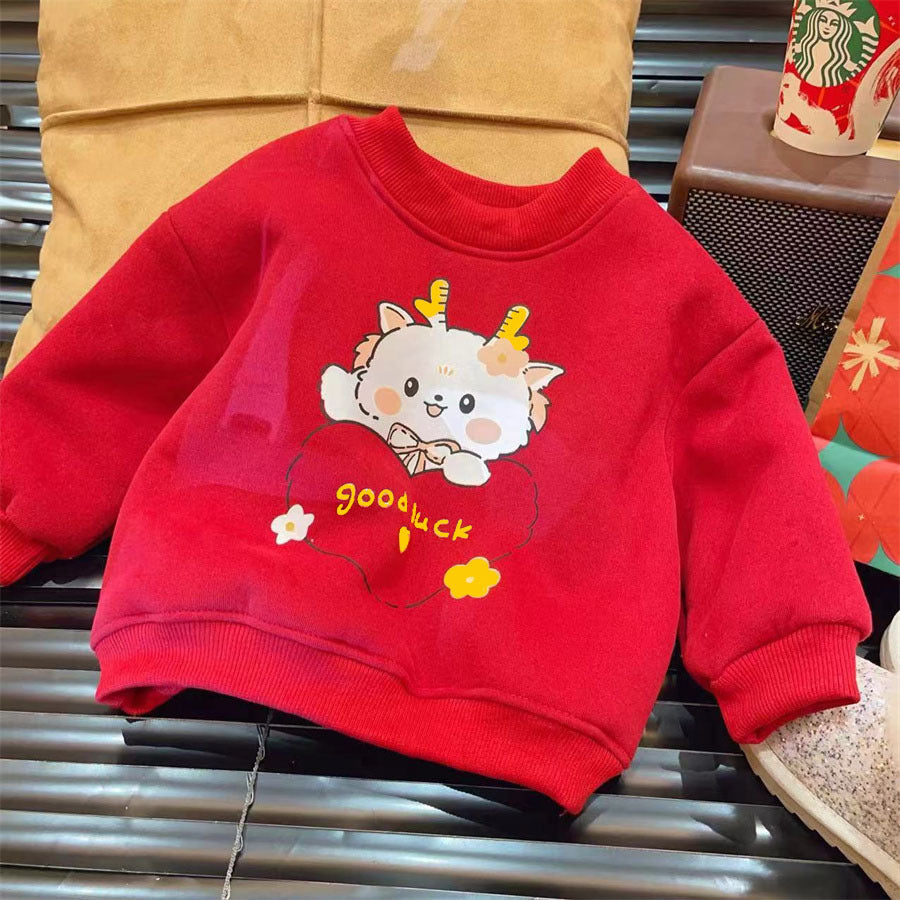 Z24110119拜年服男童加絨衛衣秋冬季兒童紅色加厚上衣女寶過年喜慶打底服龍