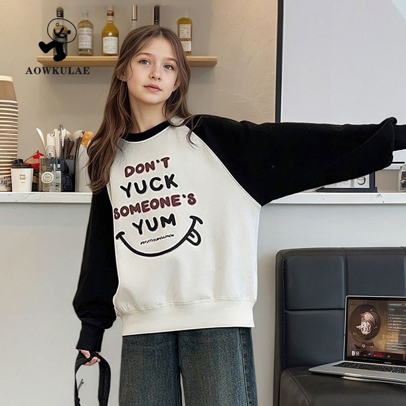 FI25101408女童秋季韓版新款百搭長袖衛衣中大童寬鬆撞色上衣兒童衛衣批發