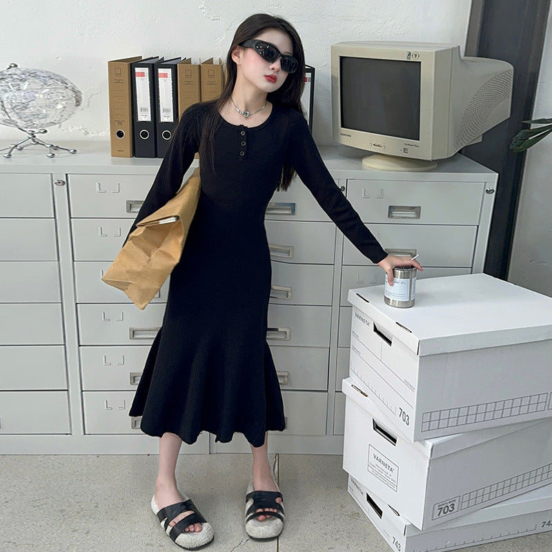 Z25033112女童裙春秋女大童秋裝時尚魚尾裙兒童裝潢身打底連身裙