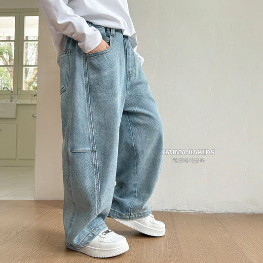 GJ25082722春秋新款男童秋裝牛仔長褲洋氣闊腿褲中大童彎刀褲