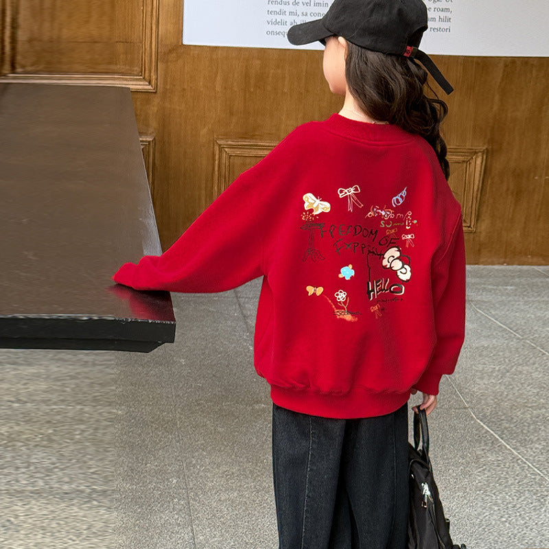 Z25010136女童冬装加绒红色喜庆卫衣2025新款中大童新年服本命年宽松上衣潮