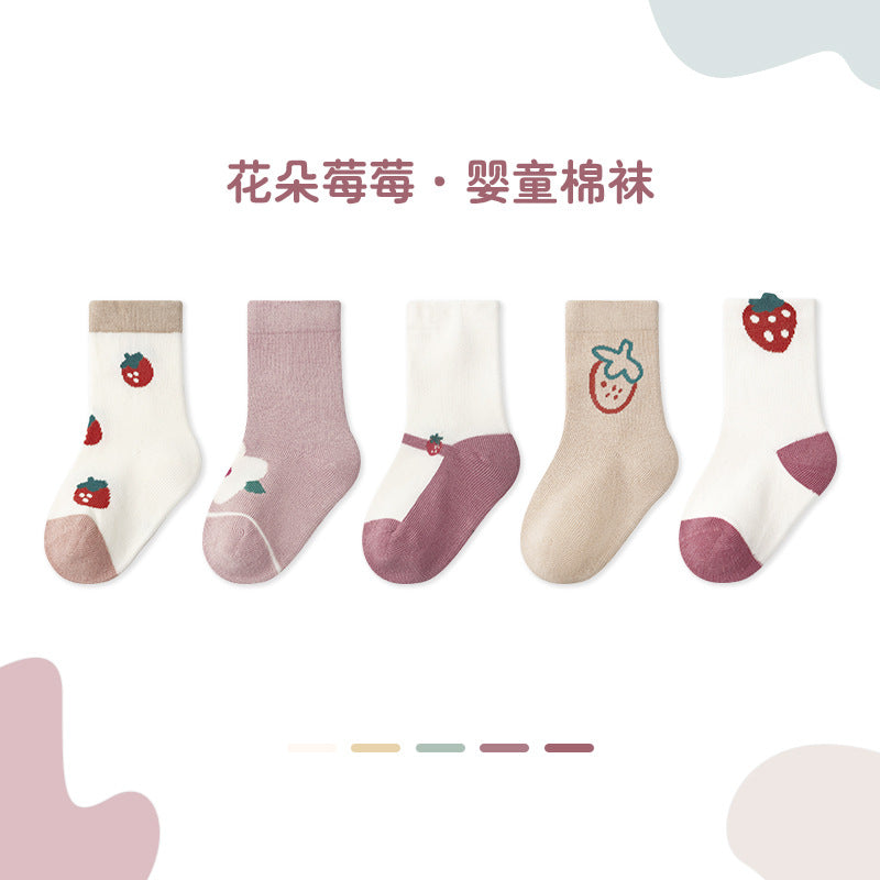 Z24032301嬰兒襪批發 春季卡通拼色男女童寶寶中筒棉A類新生兒襪子G39(5雙起批)