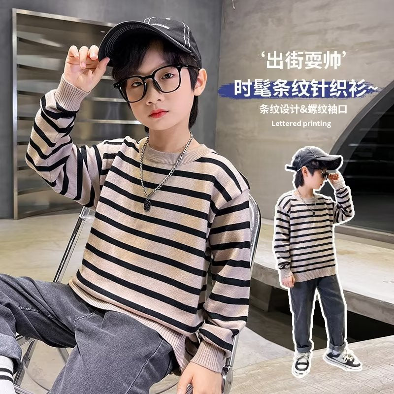 FD24010423春季秋季童裝男女童套頭條紋毛衣兒童針織衫大童寬鬆打底毛線衫潮