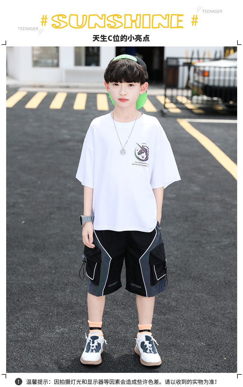 F24050702大童裝男童2024新款童裝反光帥氣酷5-12歲男孩夏季潮流兩件套裝