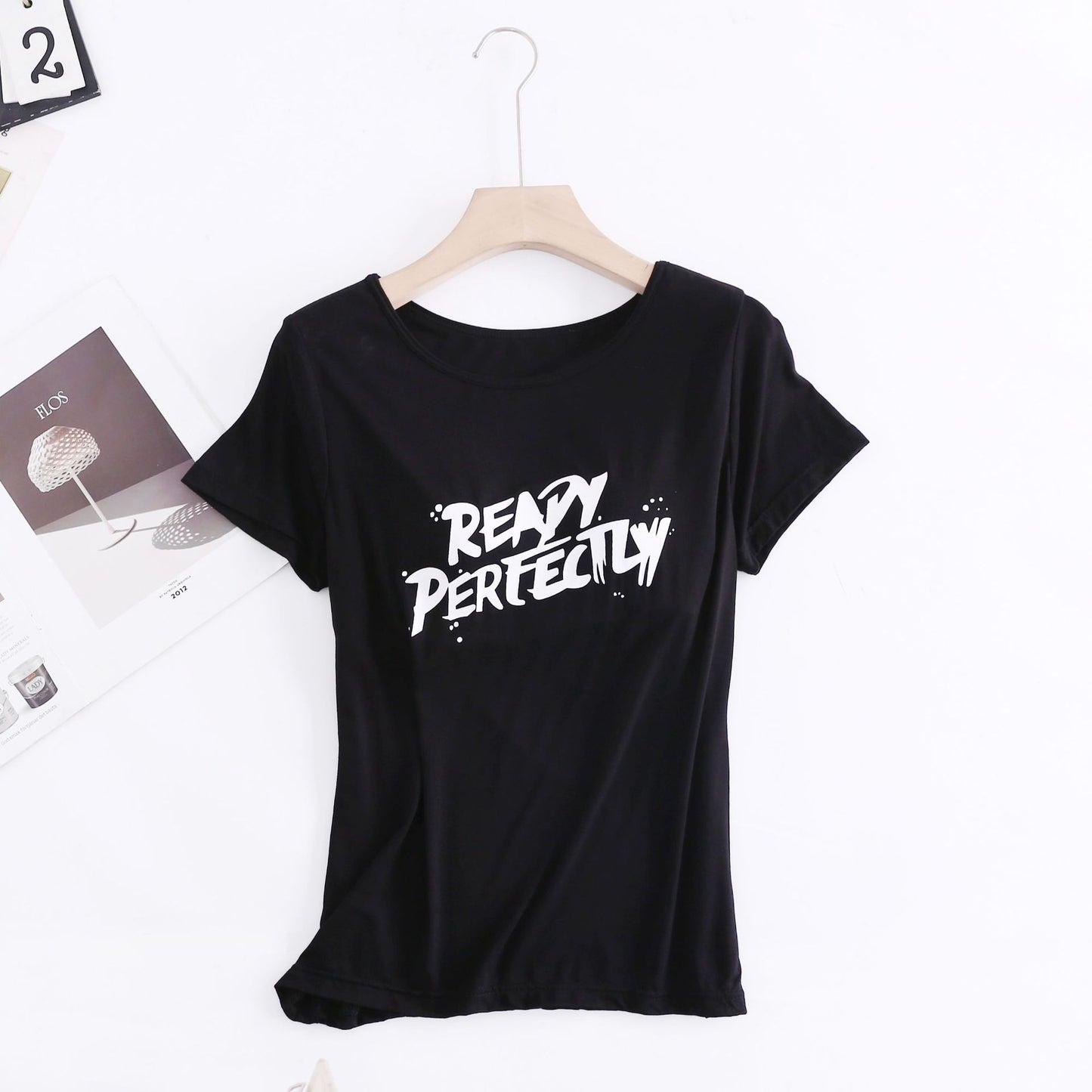 Z24070209莫代爾印花短袖女用胸墊無鋼圈大眾版短袖bra-t罩杯連身式半袖