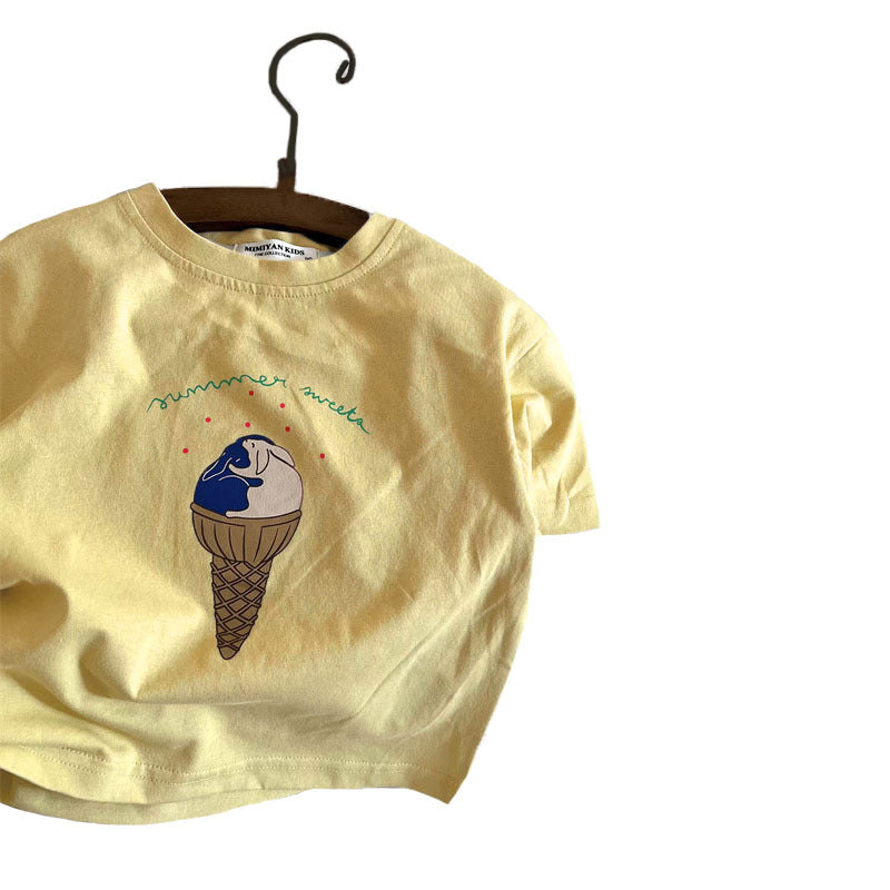 CA25052120兒童短袖夏季新款男女童圓領卡通印花T恤寶寶純色日系潮衫