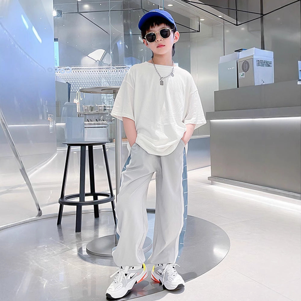 🎈精品童裝🎈FH25062715男童夏季套裝中大童短袖長褲運動夏裝潮帥氣時髦兒童網紅炸街白色